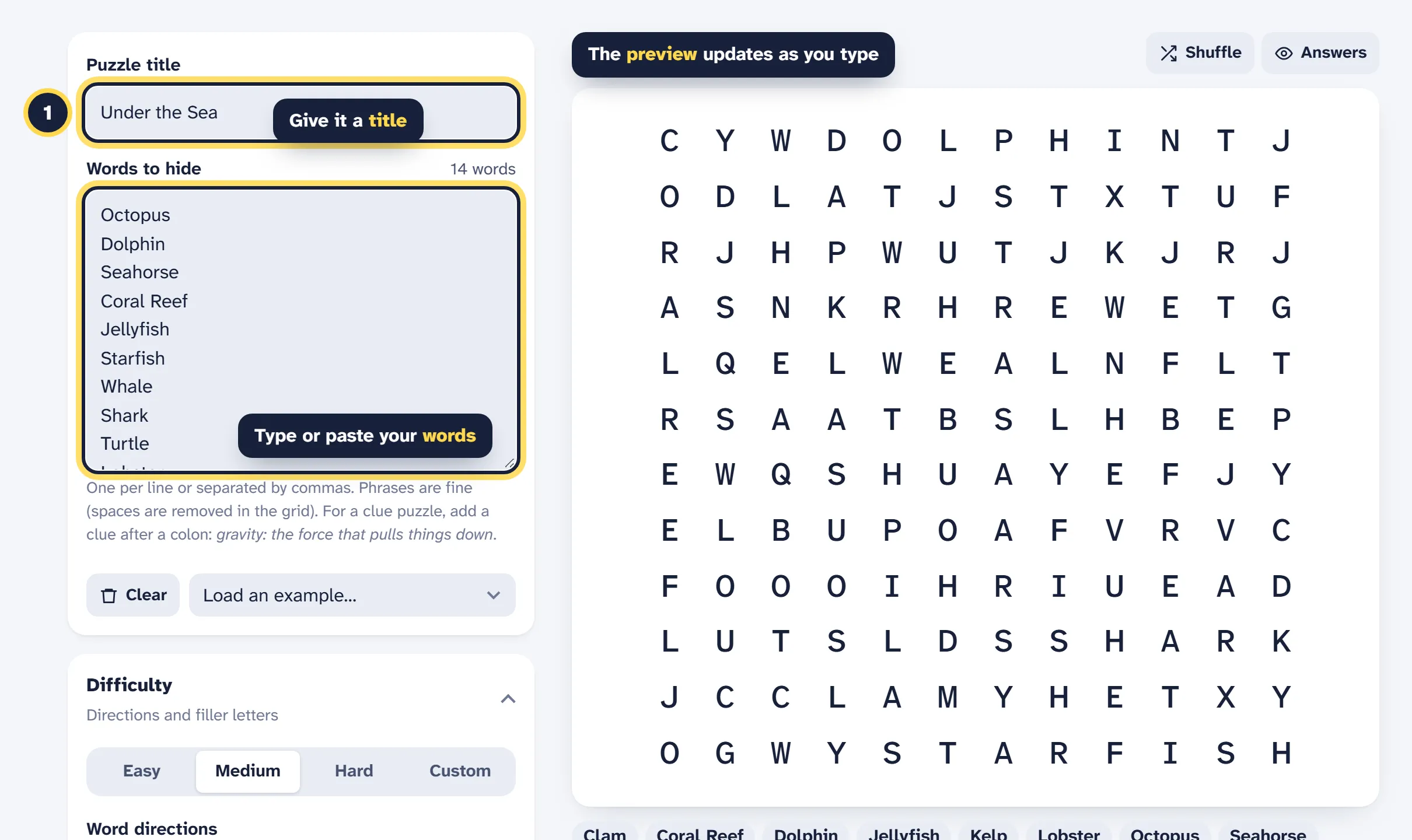 The word search maker with a title and a list of ocean words typed in, and the live preview grid beside them
