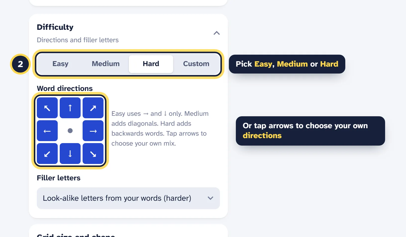 Difficulty settings with Easy, Medium, Hard and Custom buttons and a compass of eight direction arrows