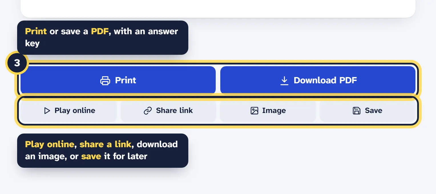 The print, download PDF, play online, share link, image and save buttons under the puzzle preview