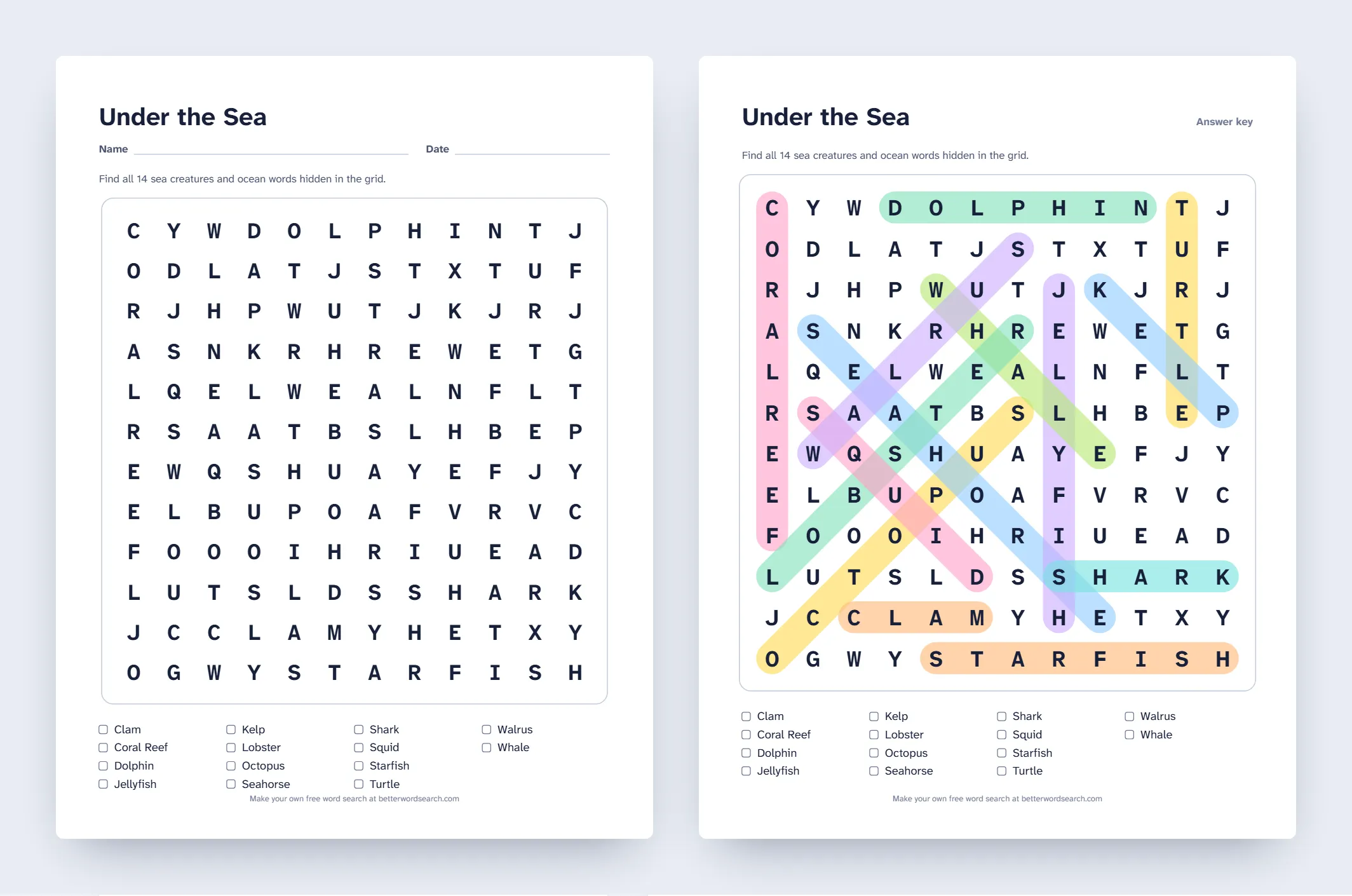 A printed word search page next to its answer key page, where every hidden word is highlighted