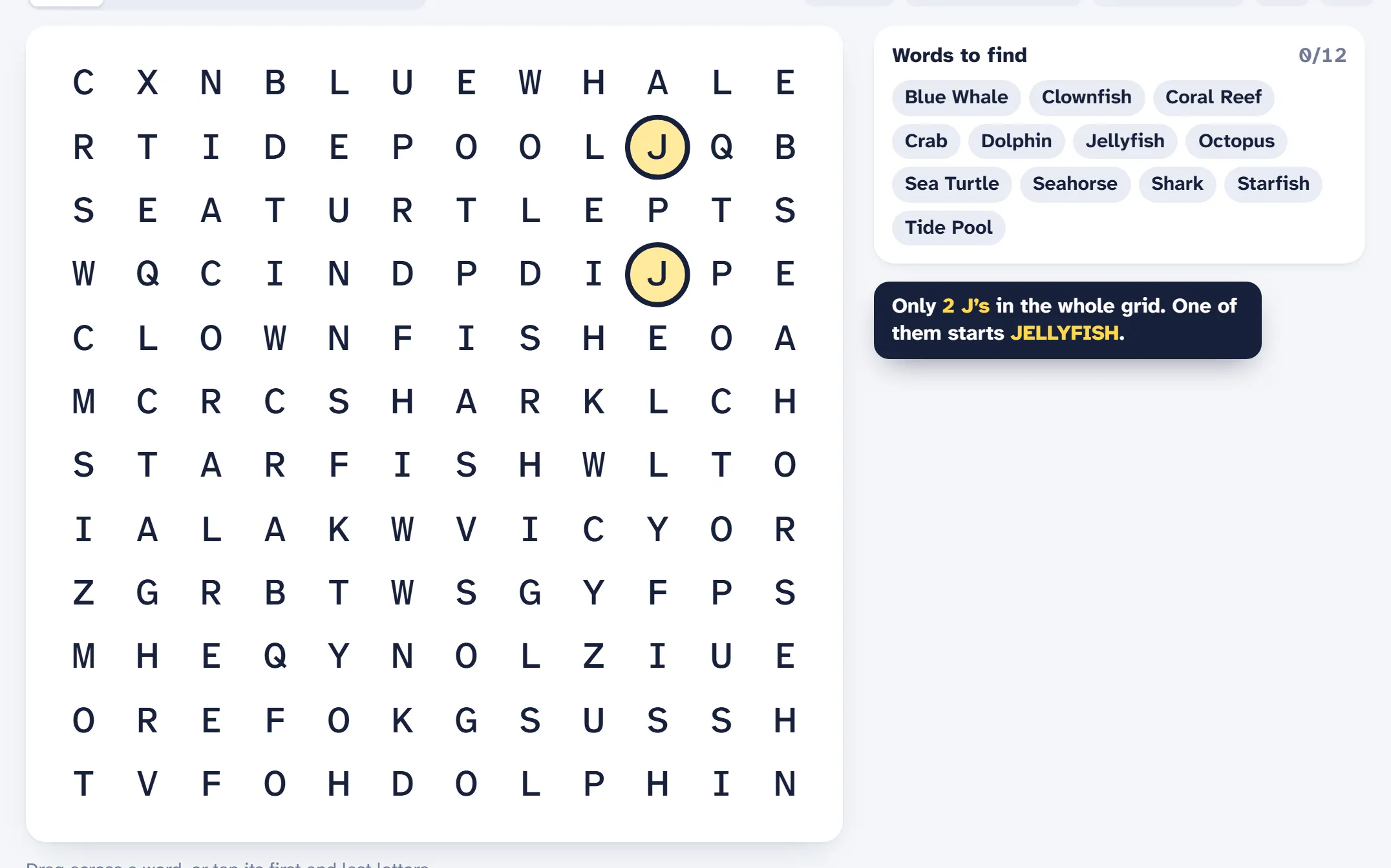 A word search grid with every copy of one rare letter circled, showing how few places it appears