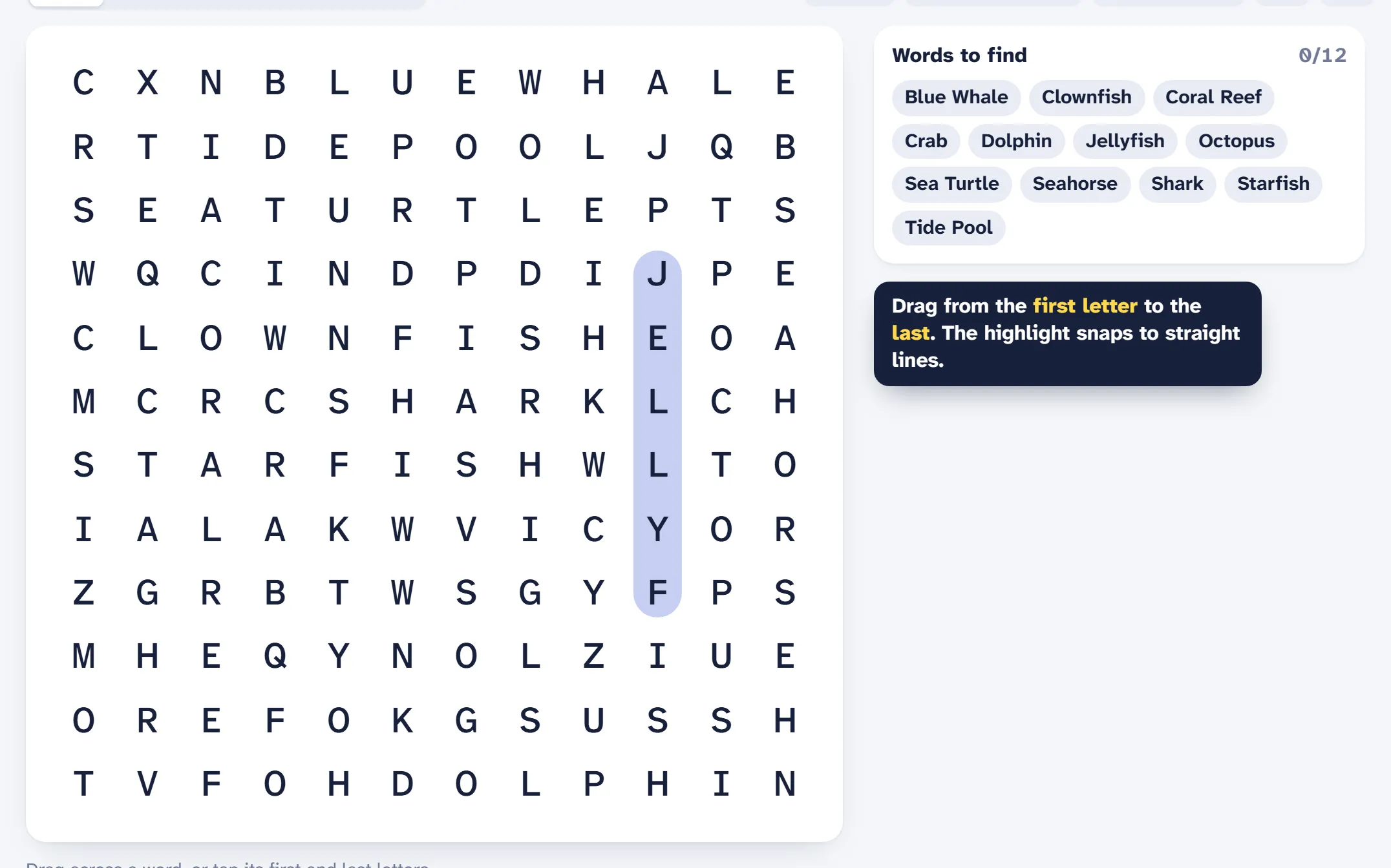 A finger dragging across the letters of a word in the grid, with a highlight following the drag