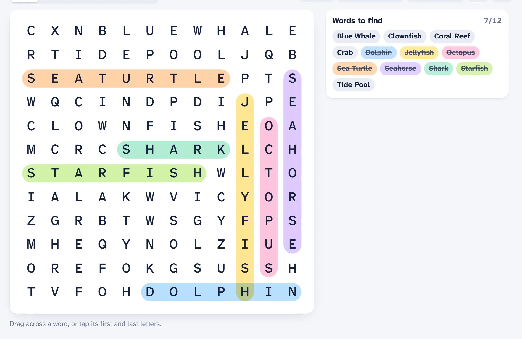 A partly solved word search: found words are highlighted in the grid and crossed off the word list