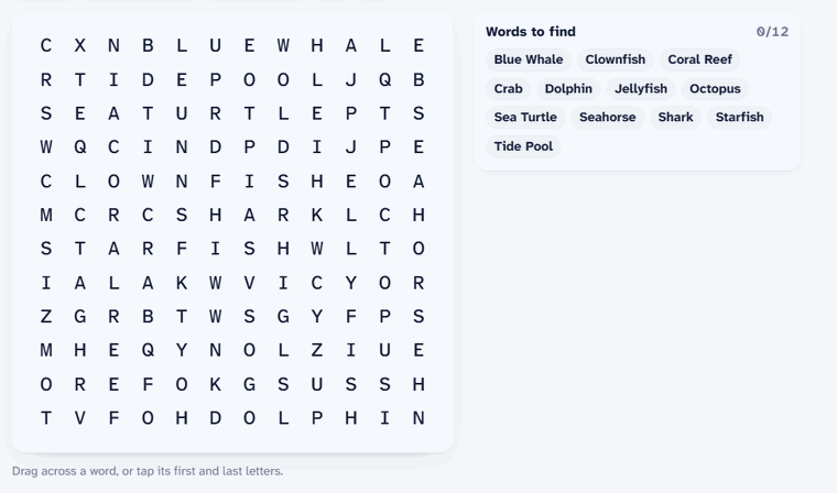 Animation of a word search being solved: words are found one by one and highlighted in different colors, and each found word is crossed off the list